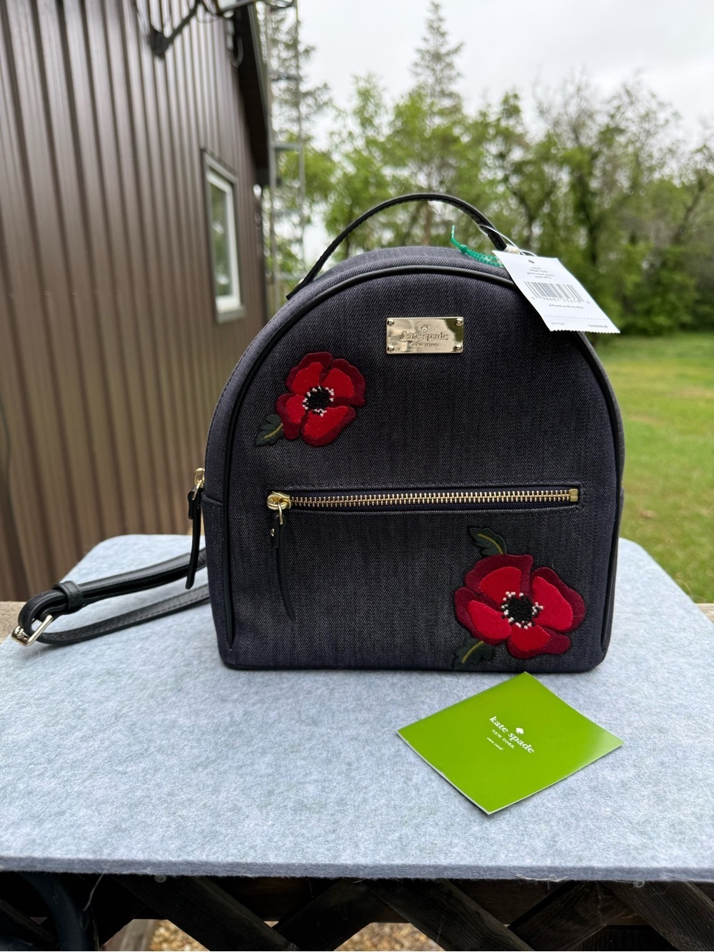 Kate Spade Jean Mini Backpack with Red Floral Appliqués